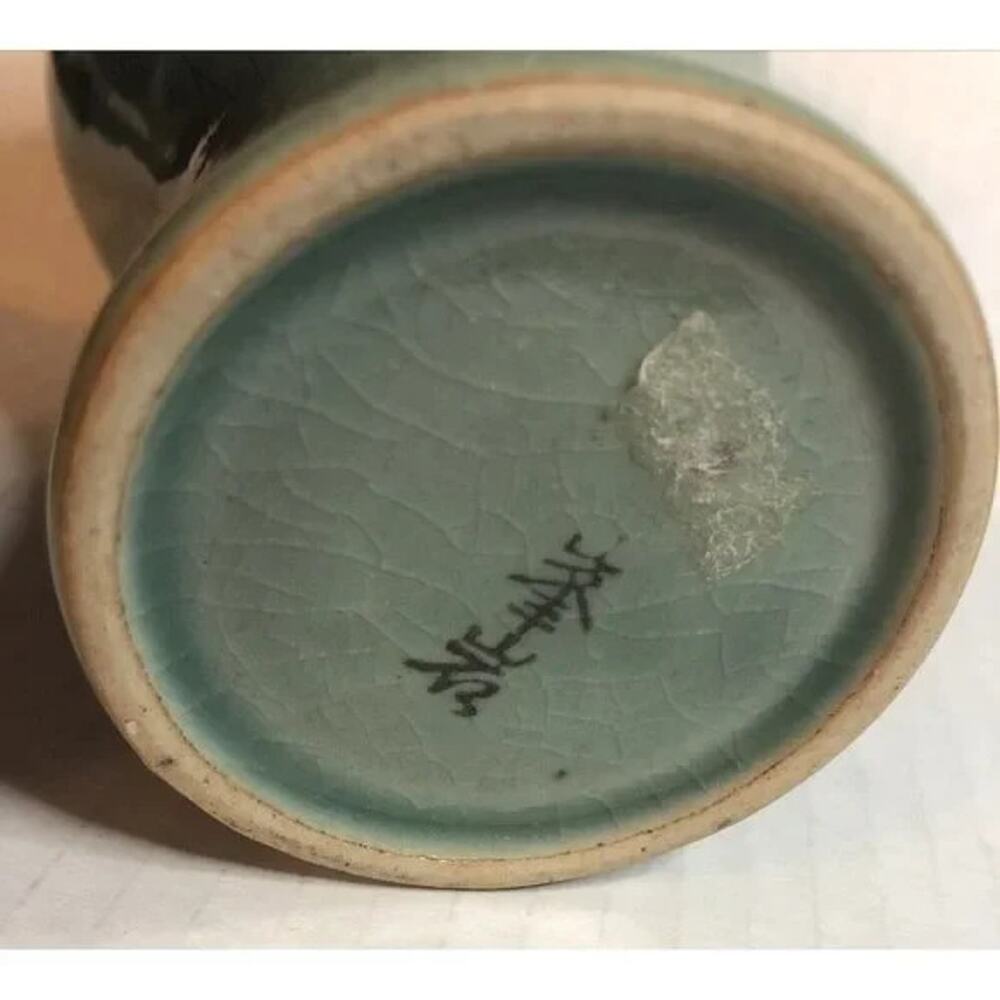 Pair Celadon Vase set Crane Crackle Glaze Decorate Green Pottery Asian Style - Picture 4 of 8